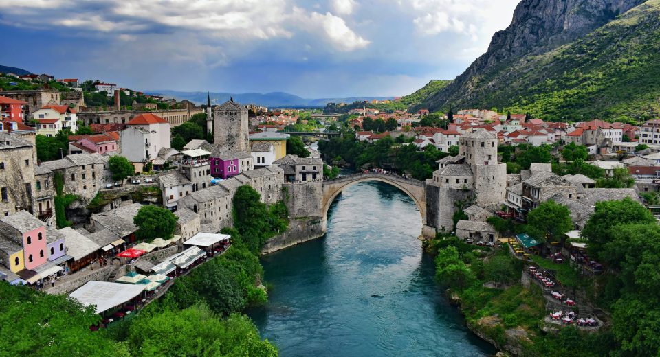 aerial view of the arch stari most or old bridge crossing the neretva river in bosnia and herzegovina
